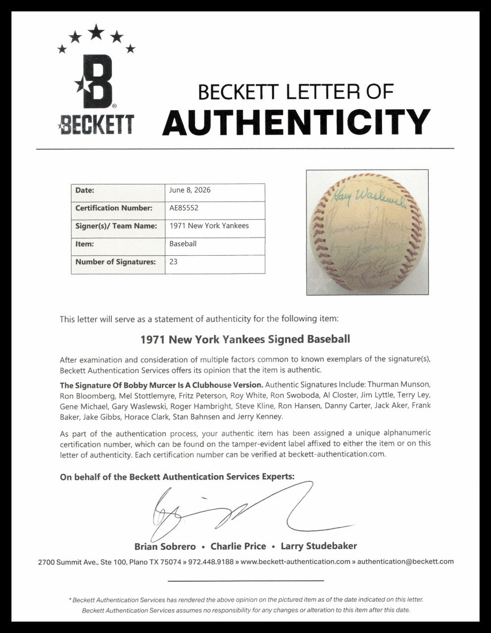 1971 New York Yankees Autographed Official Pro League Baseball With 23 Signatures Including Thurman Munson Beckett BAS #AE85552