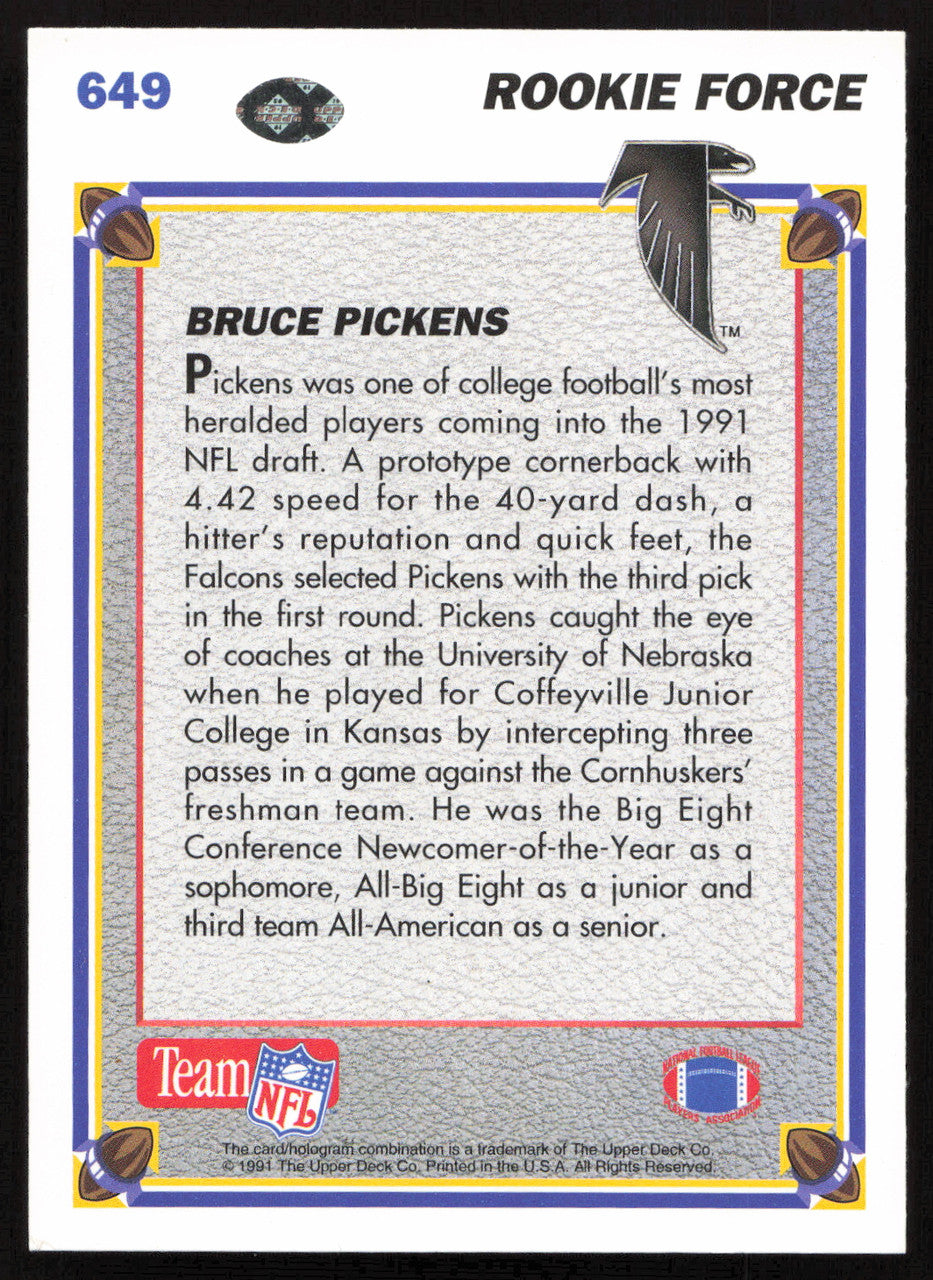 Bruce Pickens Autographed 1991 Upper Deck Rookie Card #649 Atlanta Falcons SKU #259473