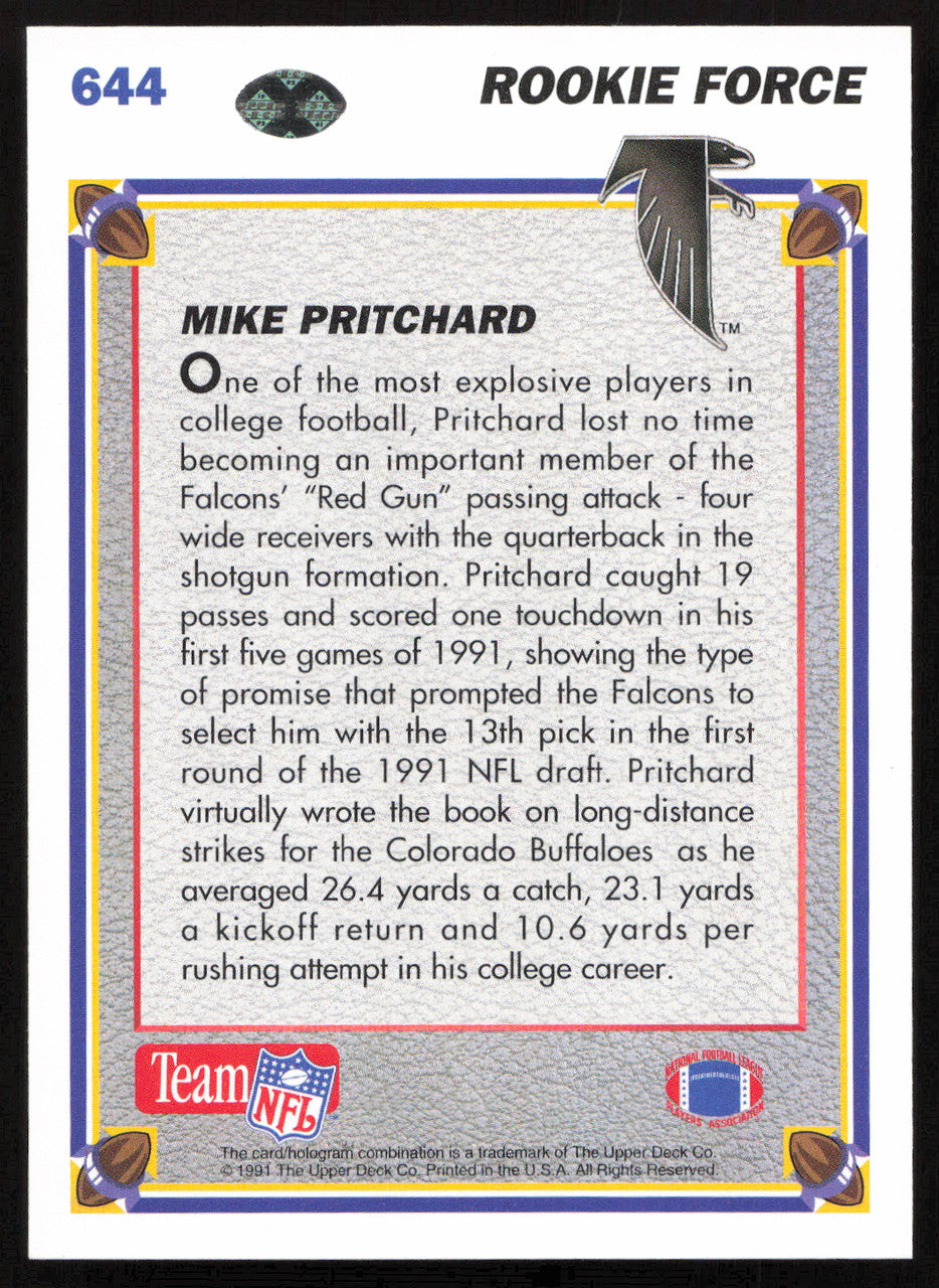 Mike Pritchard Autographed 1991 Upper Deck Rookie Card #644 Atlanta Falcons SKU #259474