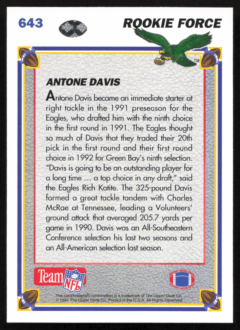 Antone Davis Autographed 1991 Upper Deck Rookie Card #643 Philadelphia Eagles SKU #259475
