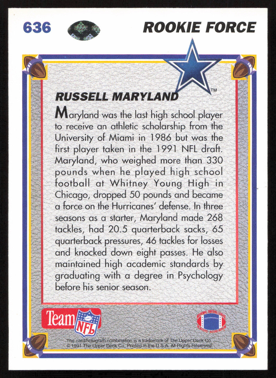 Russel Maryland Autographed 1991 Upper Deck Rookie Card #636 Dallas Cowboys SKU #259476