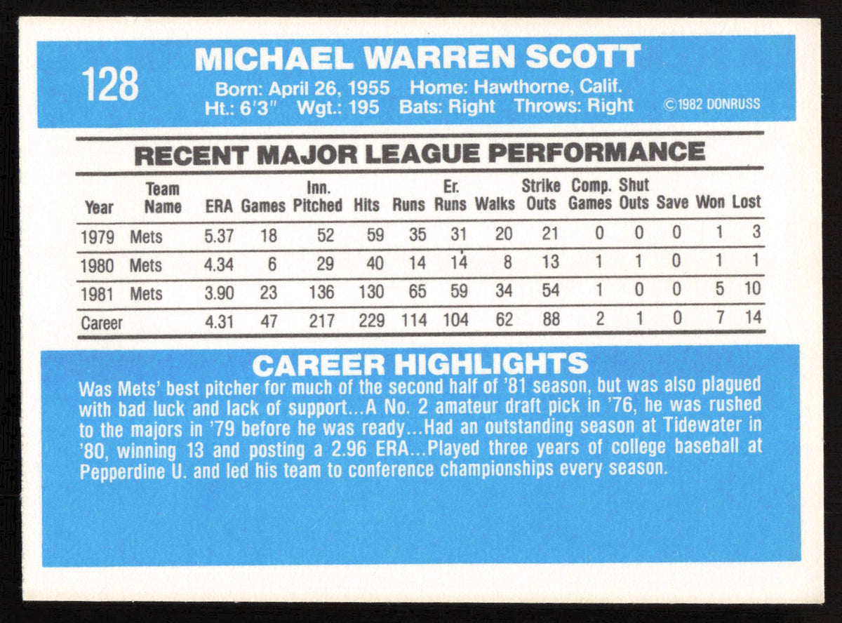 Mike Scott Autographed 1982 Donruss Card #128 New York Mets SKU #264697