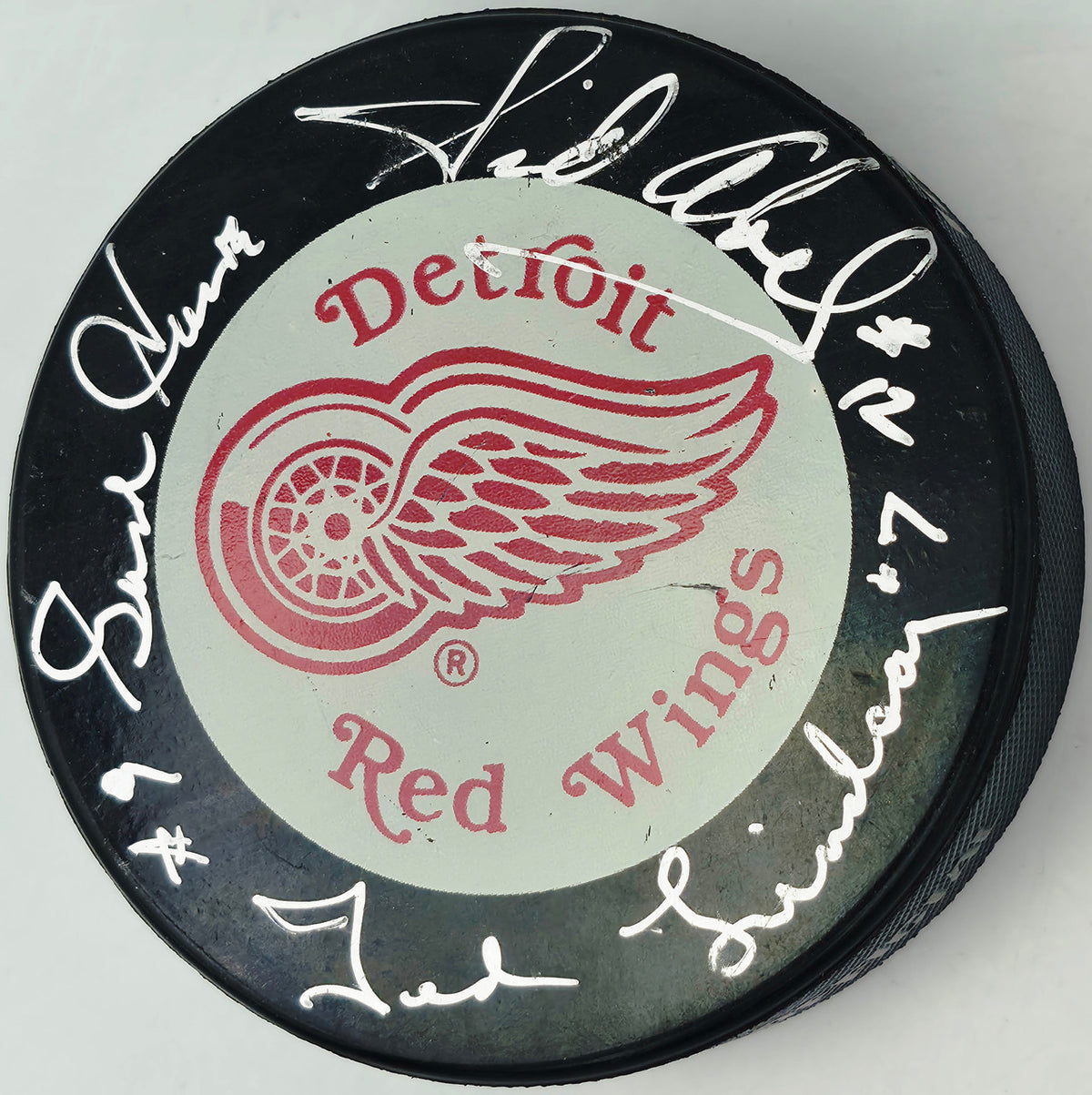 Gordie Howe, Sid Abel, & Ted Lindsay Autographed Official Detroit Red Wings Logo Hockey Puck Production Line Beckett BAS #AE85133