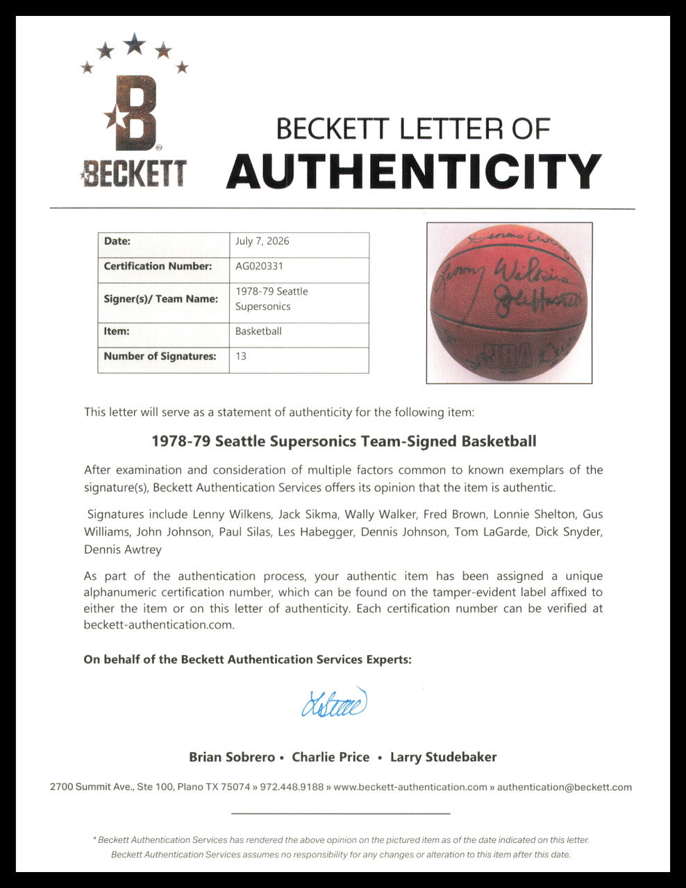 1979-80 Seattle Supersonics Team Autographed Wilson Basketball With 13 Signatures Including Dennis Johnson & Gus Williams Beckett BAS #AG020318