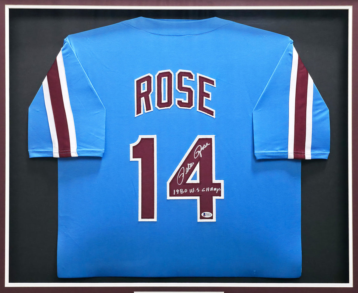 Philadelphia Phillies Pete Rose Autographed Framed Baby Blue Jersey "1980 WS Champs" Beckett BAS Stock #267808