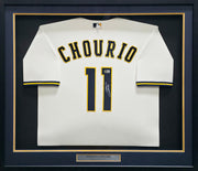 Milwaukee Brewers Jackson Chourio Autographed Framed Cream Nike Jersey Beckett BAS Witness Stock #267813