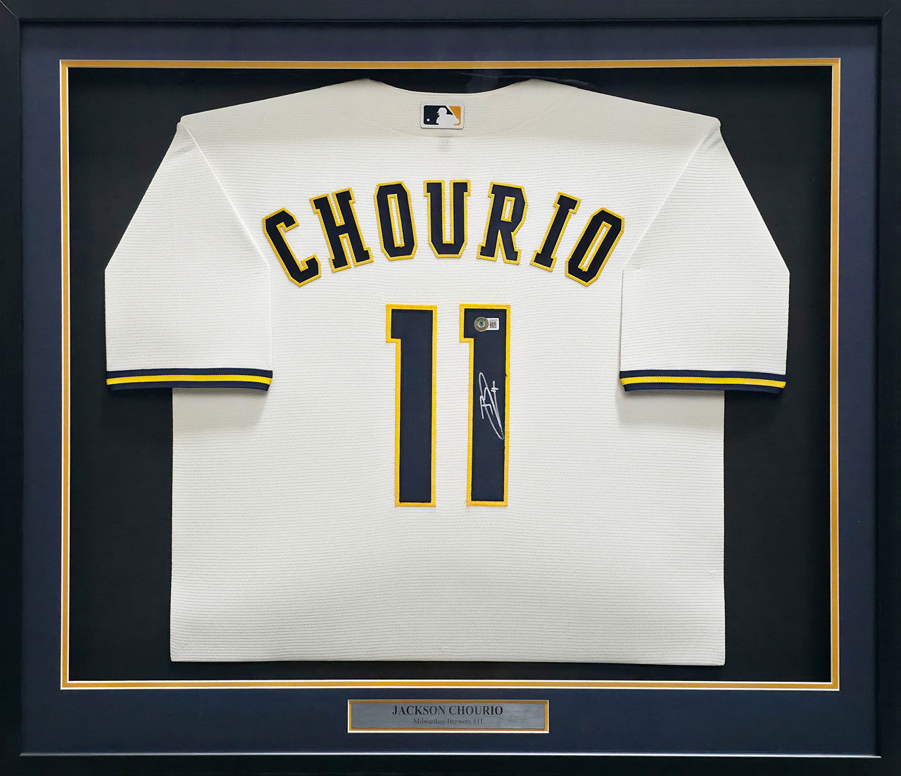 Milwaukee Brewers Jackson Chourio Autographed Framed Cream Nike Jersey Beckett BAS Witness Stock #267813