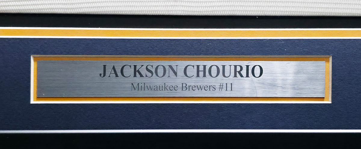 Milwaukee Brewers Jackson Chourio Autographed Framed Cream Nike Jersey Beckett BAS Witness Stock #267813