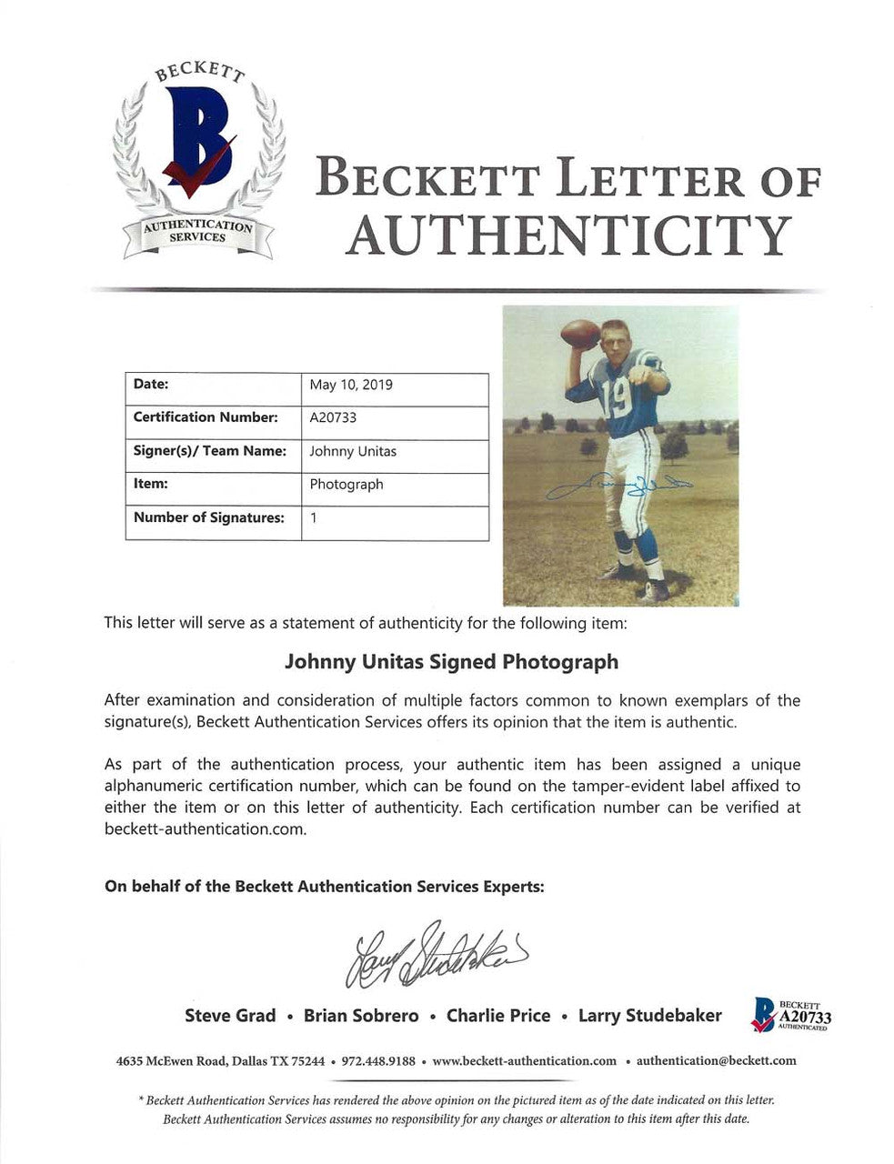 Johnny Unitas Autographed Framed 16x20 Photo Baltimore Colts Beckett BAS #A20733
