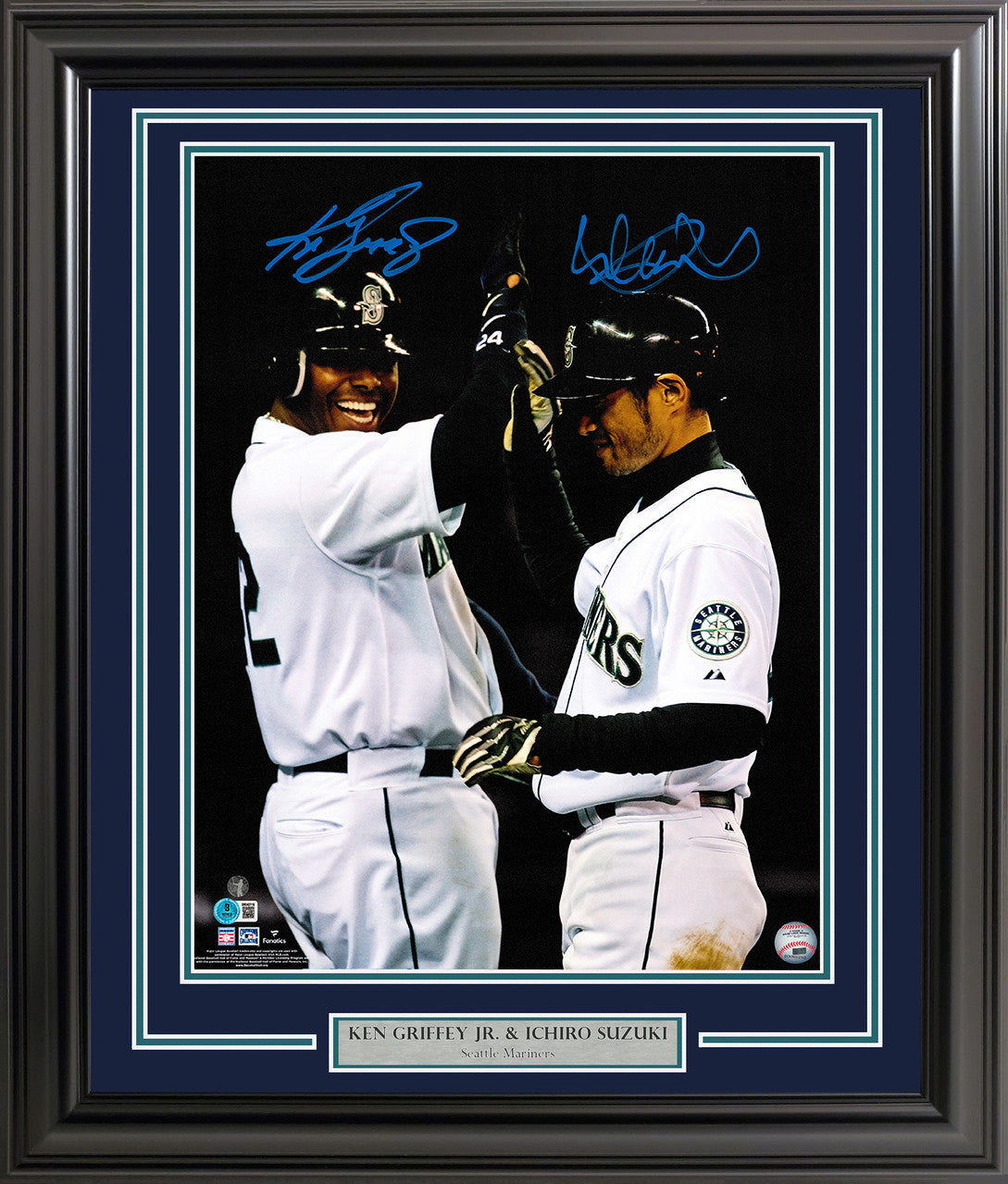 Ken Griffey Jr. & Ichiro Suzuki Autographed Framed 16x20 Photo Seattle Mariners Spotlight In Blue Beckett BAS QR Stock #265807