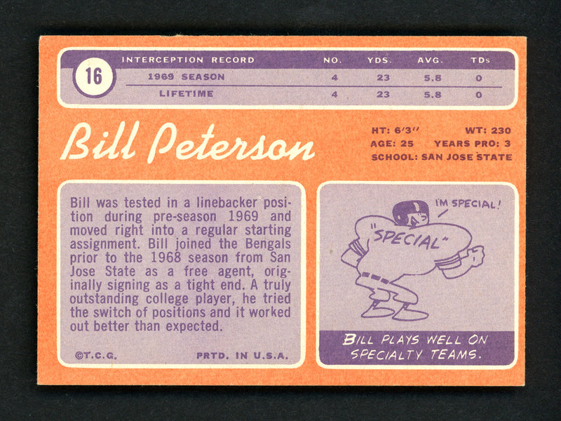 Bill Peterson Autographed 1970 Topps Rookie Card #16 Cincinnati Bengals SKU #157051