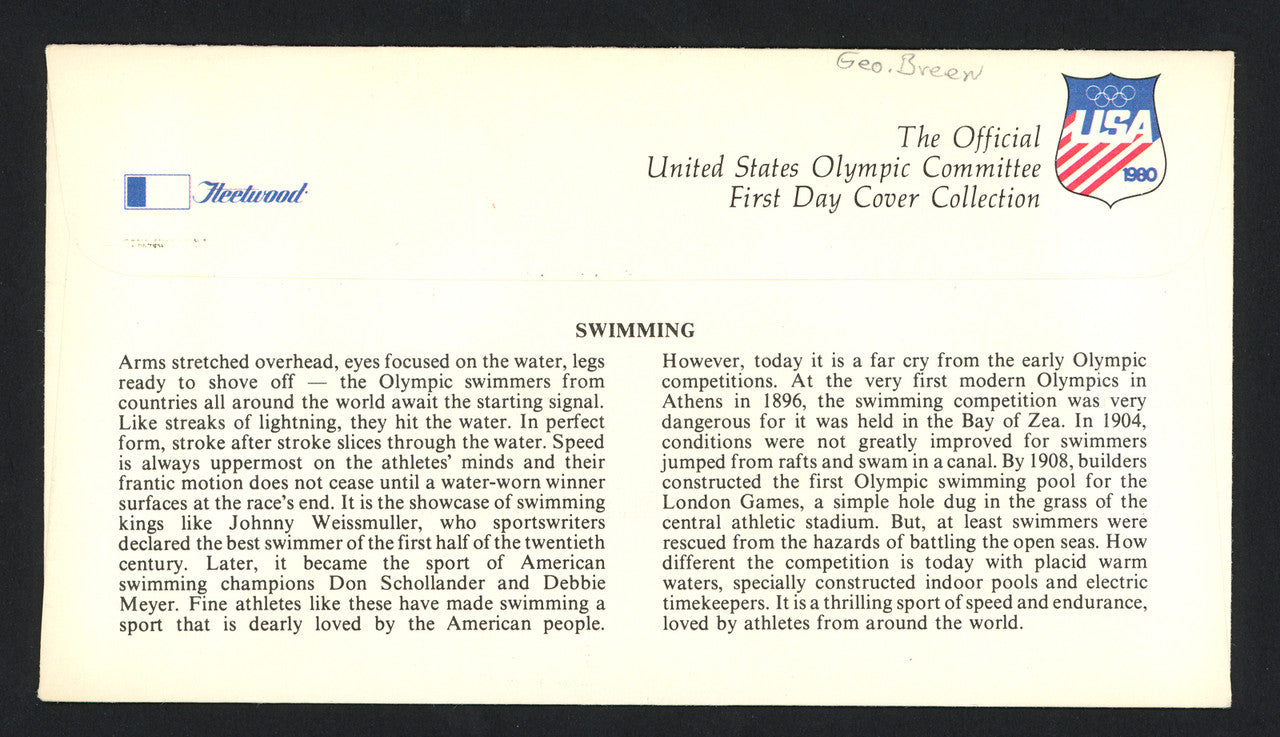 George Breen Autographed First Day Cover Olympic Swimmer SKU #159608