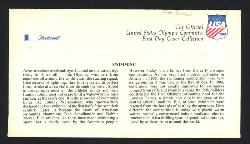 George Breen Autographed First Day Cover Olympic Swimmer SKU #159608