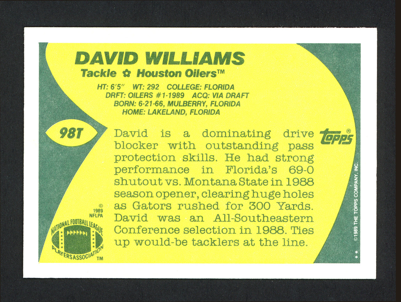 David Williams Autographed 1989 Topps Traded Rookie Card #98T Houston Oilers SKU #164103