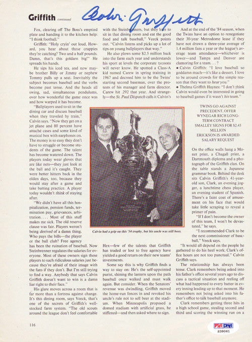 Calvin Griffith Autographed Magazine Page Photo Washington Senators PSA/DNA #S39061