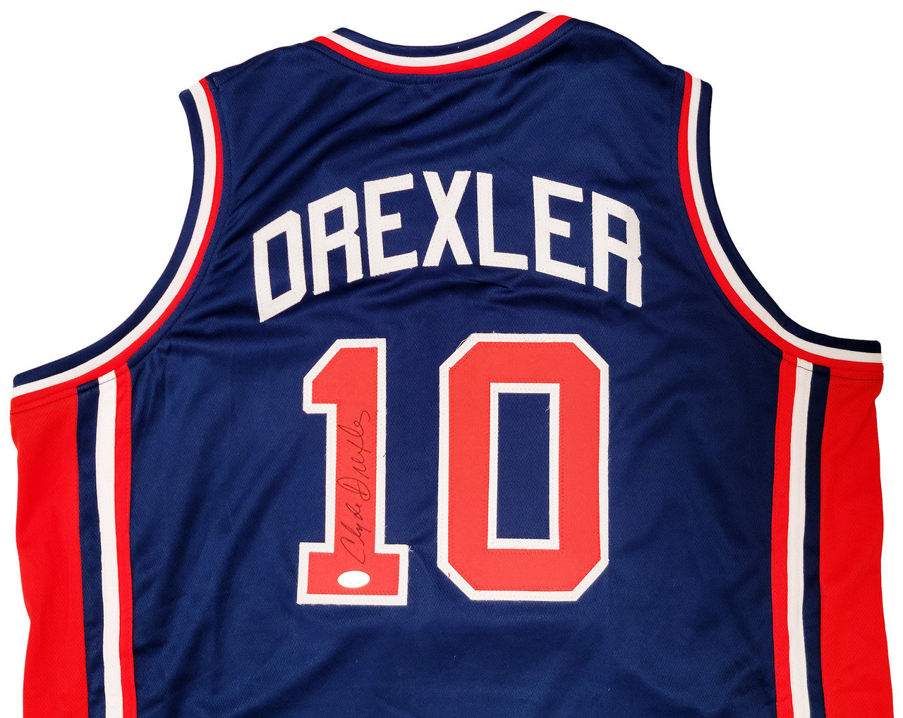 Team USA Clyde Drexler Autographed Blue Jersey The Glide JSA Stock #202348