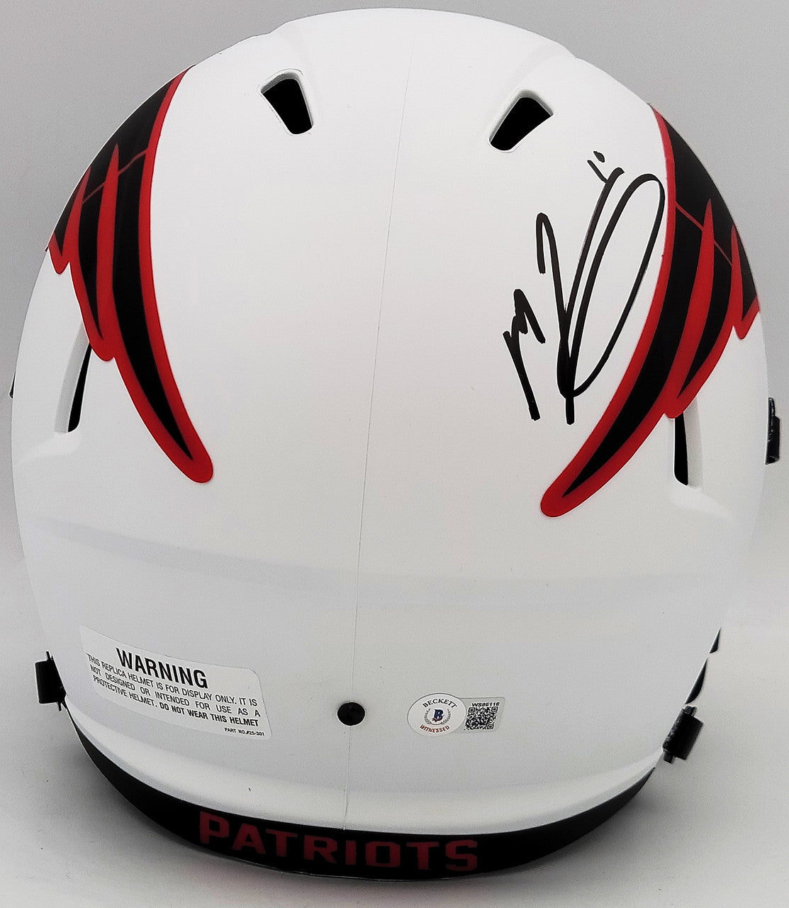 Mac Jones Autographed New England Patriots Lunar Eclipse White Full Size Replica Speed Helmet Beckett BAS QR Stock #202966