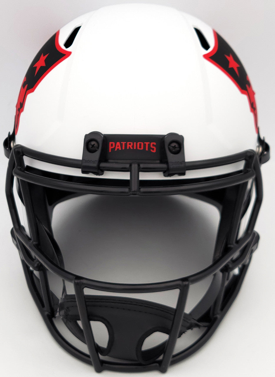 Mac Jones Autographed New England Patriots Lunar Eclipse White Full Size Replica Speed Helmet Beckett BAS QR Stock #202966