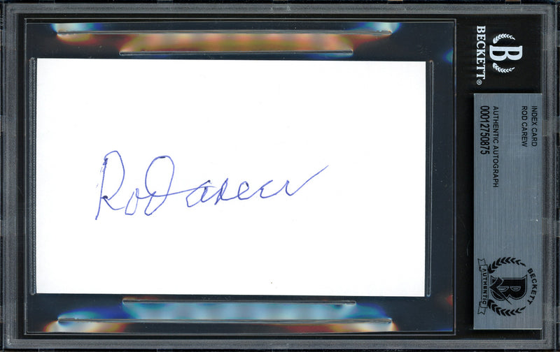 Rod Carew Autographed 3x5 Index Card Minnesota Twins, California Angels Beckett BAS Stock #193463