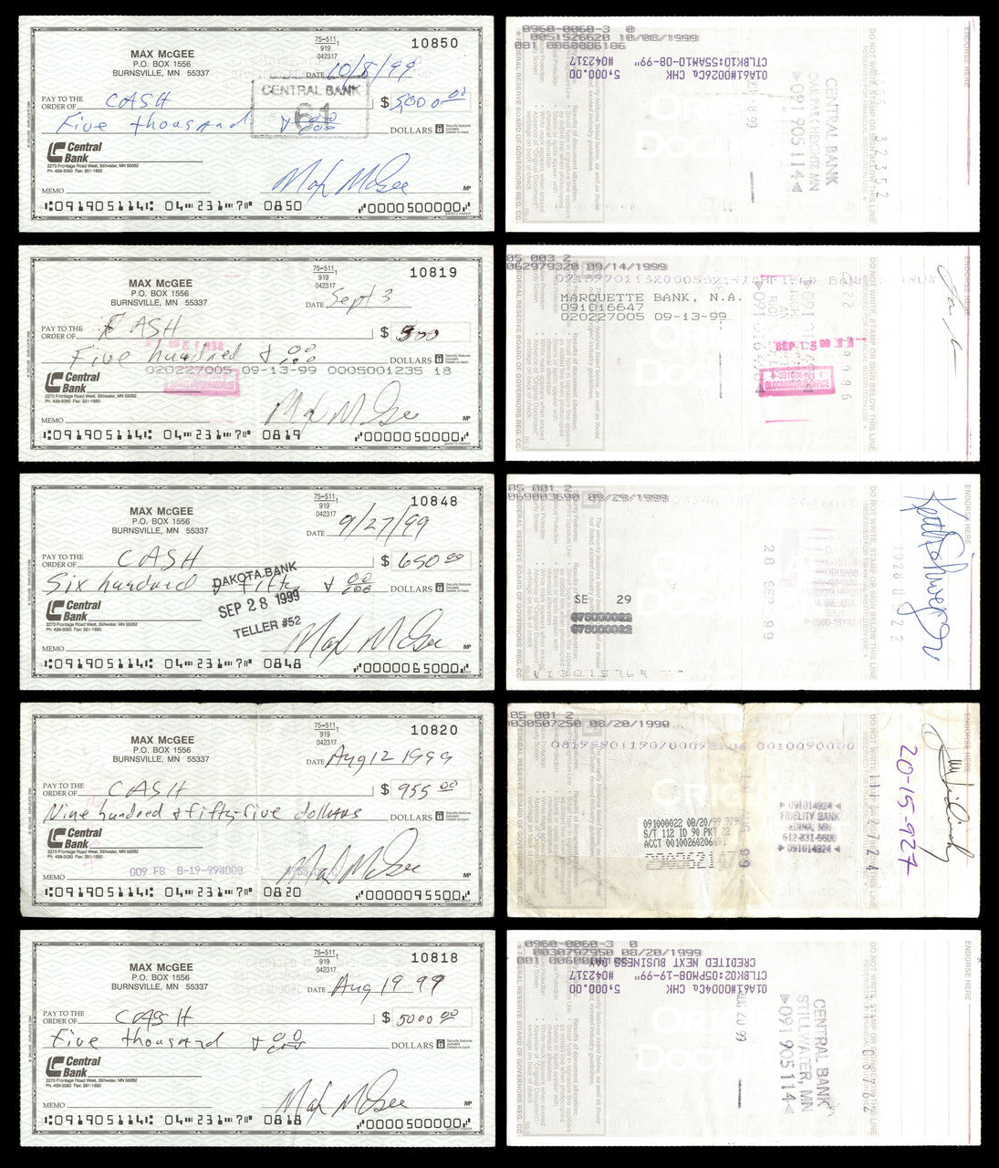 Max McGee Autographed 2.75x6 Check Green Bay Packers Lot of 50 SKU #174046
