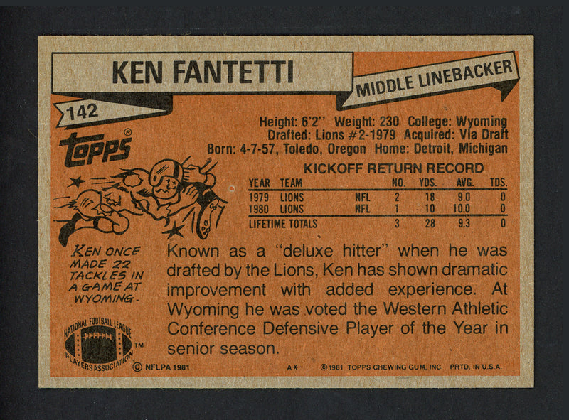Ken Fantetti Autographed 1981 Topps Card #142 Detroit Lions SKU #160242