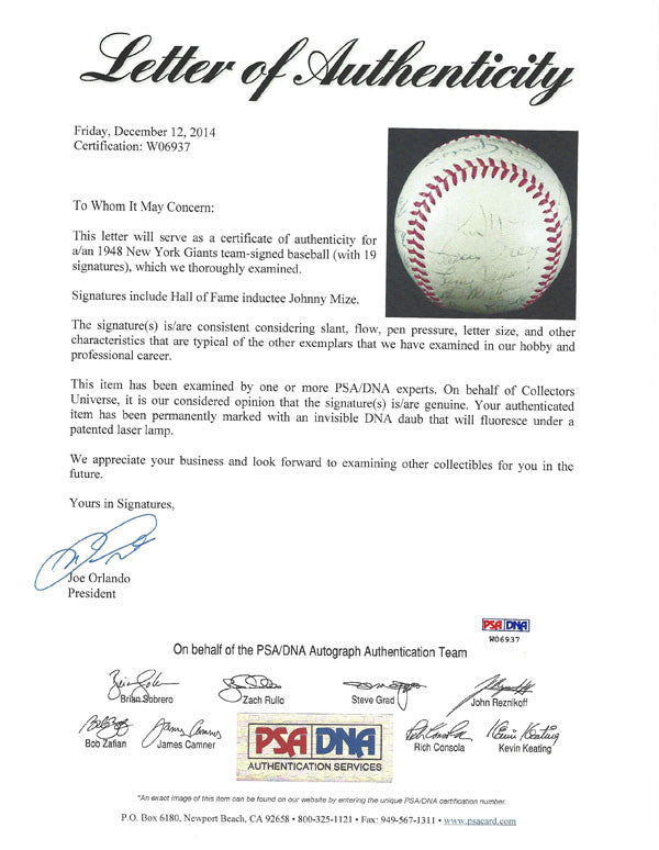 1948 New York Giants Autographed Official NL Baseball With 19 Signatures Including Johnny Mize PSA/DNA #W06937