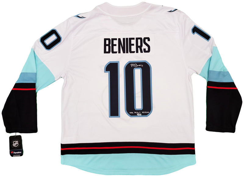 Seattle Kraken Matty Beniers Autographed White Fanatics Jersey Size XL With Inaugural Patch "NHL Debut" Fanatics Holo Stock #206008