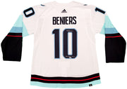 Seattle Kraken Matty Beniers Autographed White Adidas Authentic Jersey Size 54 With Inaugural Patch "NHL Debut" Fanatics Holo Stock #206011
