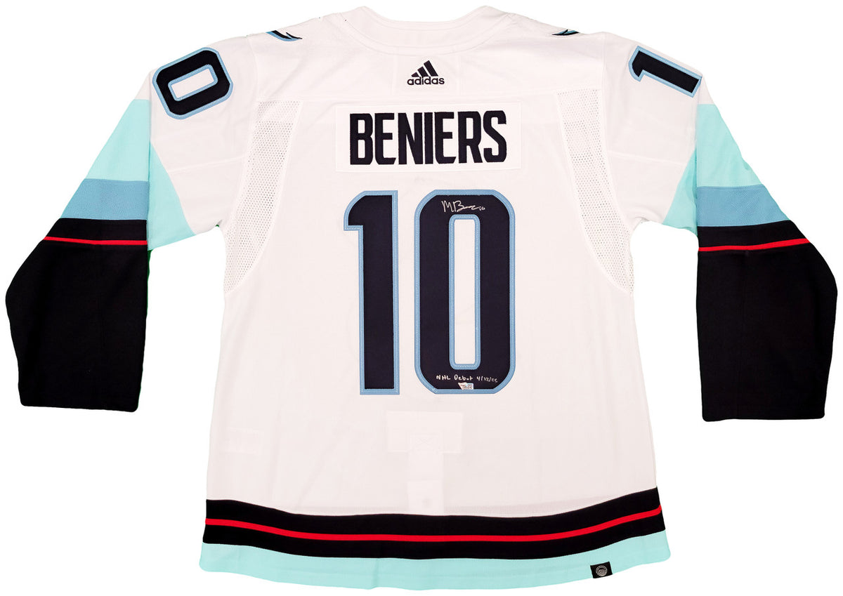 Seattle Kraken Matty Beniers Autographed White Adidas Authentic Jersey Size 54 With Inaugural Patch "NHL Debut" Fanatics Holo Stock #206011