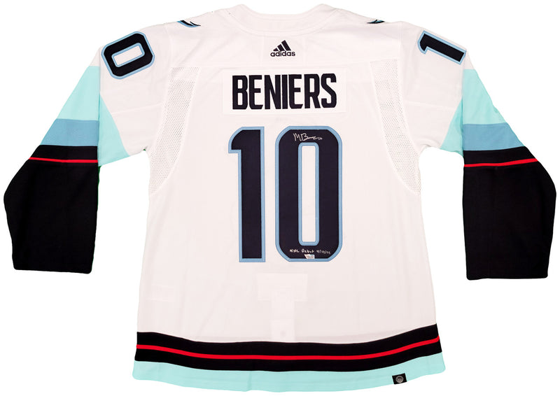 Seattle Kraken Matty Beniers Autographed White Adidas Authentic Jersey Size 54 With Inaugural Patch "NHL Debut" Fanatics Holo Stock #206011