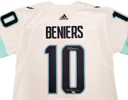 Seattle Kraken Matty Beniers Autographed White Adidas Authentic Jersey Size 54 With Inaugural Patch "NHL Debut" Fanatics Holo Stock #206011