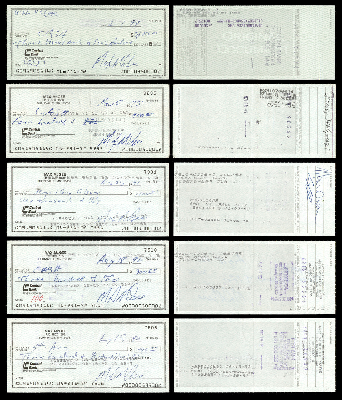Max McGee Autographed 2.75x6 Check Green Bay Packers Lot of 50 SKU #174046