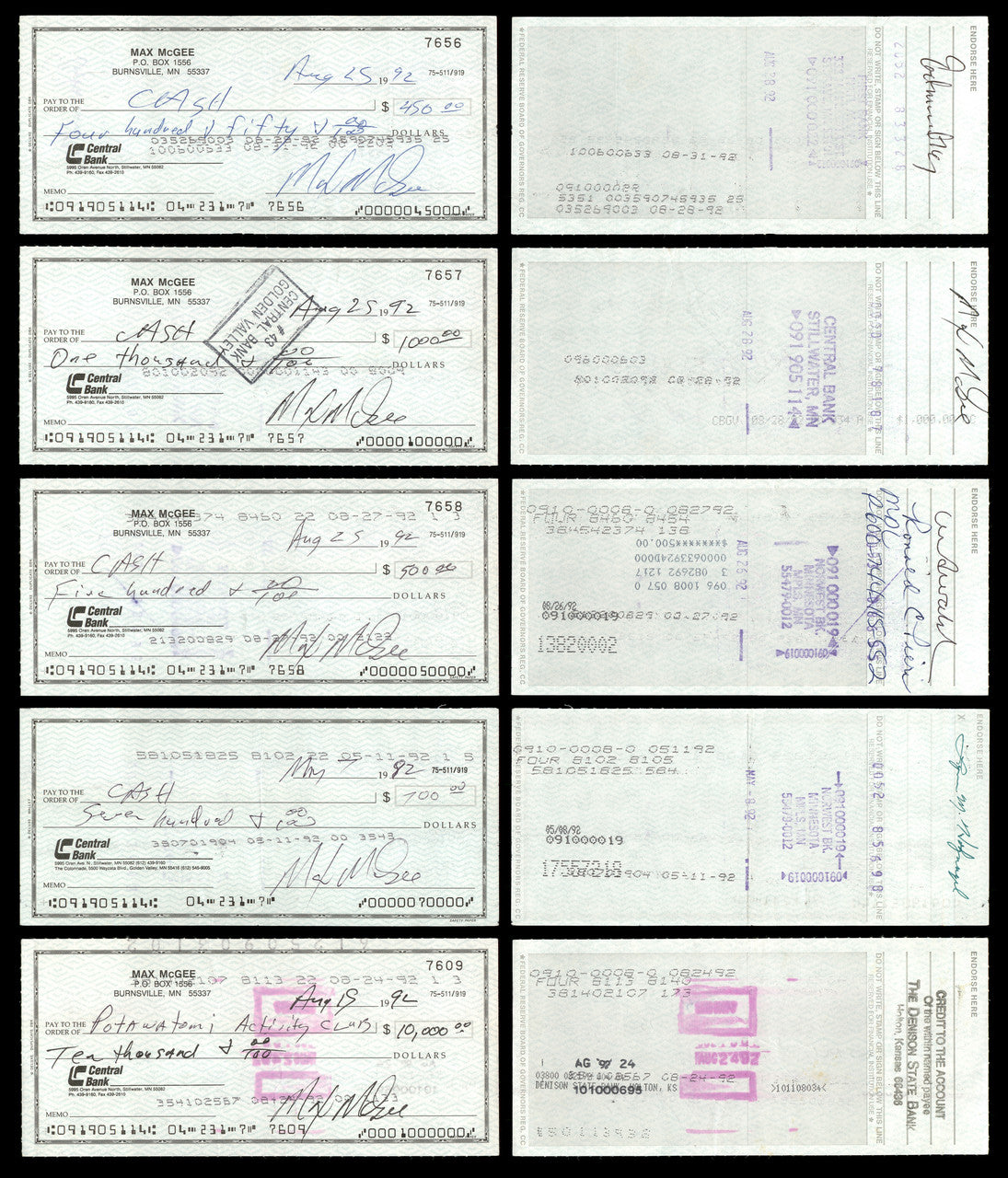 Max McGee Autographed 2.75x6 Check Green Bay Packers Lot of 50 SKU #174046