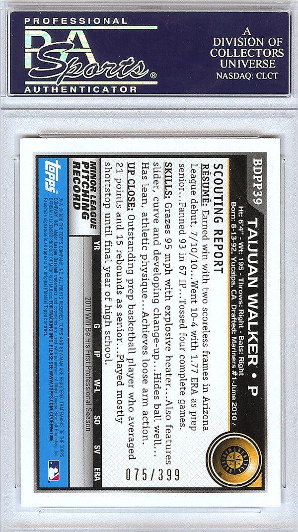 Taijuan Walker Autographed 2010 Bowman Draft Picks & Prospects Rookie Card #BDPP39 Seattle Mariners #/399 PSA/DNA #83812803