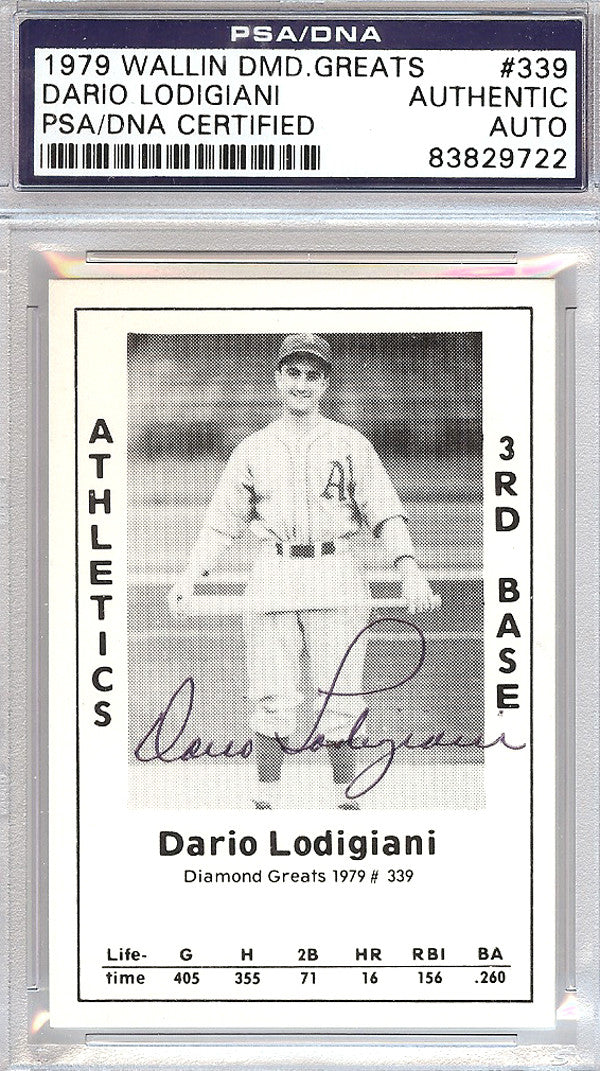 Dario Lodigiani Autographed 1979 Diamond Greats Card #339 A's PSA/DNA #83829722