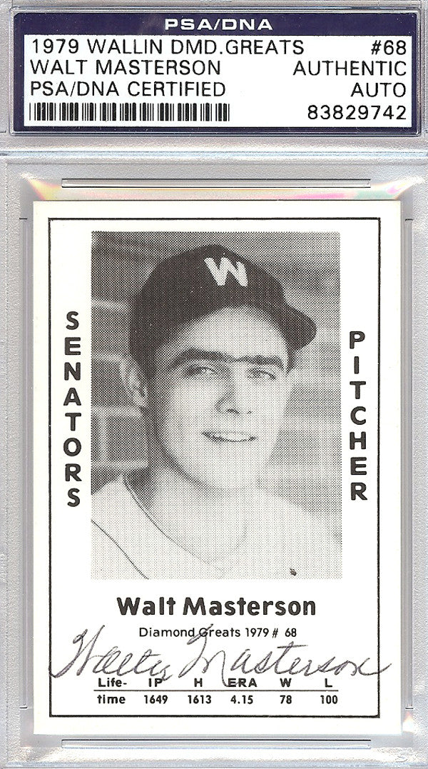 Walt Masterson Autographed 1979 Diamond Greats Card #68 Senators PSA/DNA #83829742