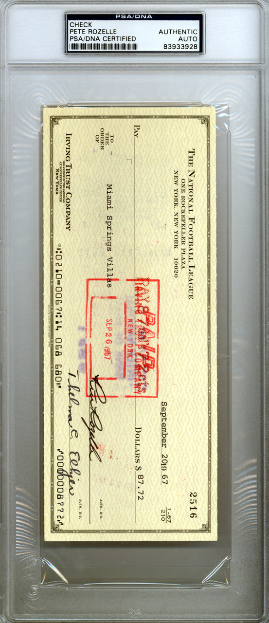 Pete Rozelle Autographed 3.5x8.5 Check NFL Commissioner PSA/DNA #83933928