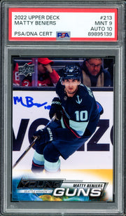 Matty Beniers Autographed 2022 Upper Deck Young Guns Rookie Card #213 Seattle Kraken PSA 9 Auto Grade Gem Mint 10 PSA/DNA Stock #234500