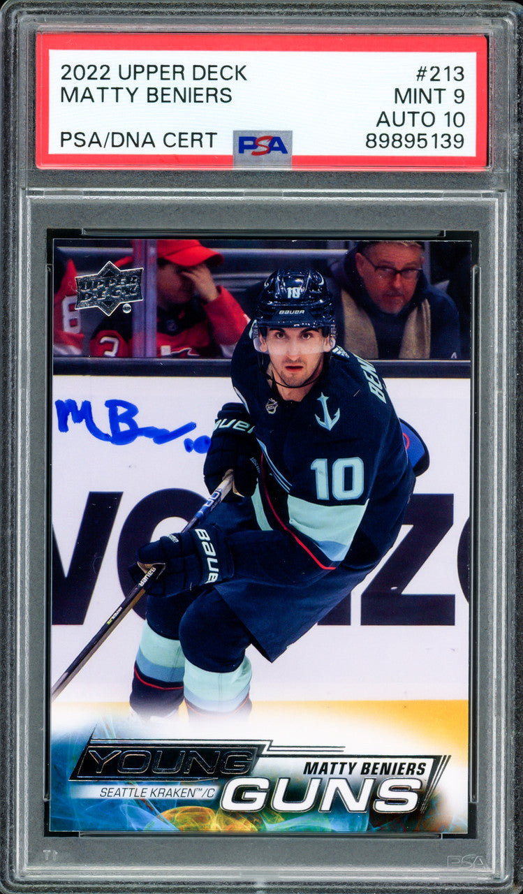Matty Beniers Autographed 2022 Upper Deck Young Guns Rookie Card #213 Seattle Kraken PSA 9 Auto Grade Gem Mint 10 PSA/DNA Stock #234500