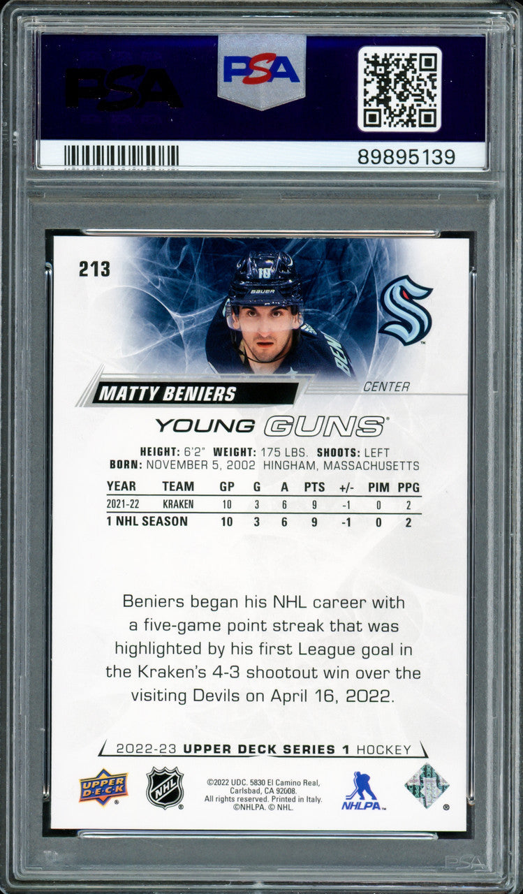 Matty Beniers Autographed 2022 Upper Deck Young Guns Rookie Card #213 Seattle Kraken PSA 9 Auto Grade Gem Mint 10 PSA/DNA Stock #234500