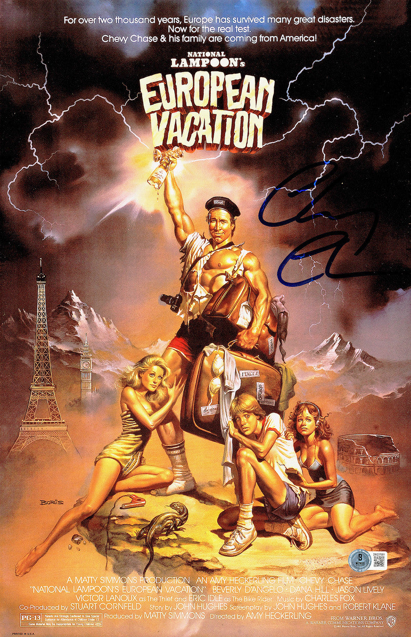 Chevy Chase Autographed 11x17 European Vacation Movie Poster Beckett BAS Witness Stock #234642