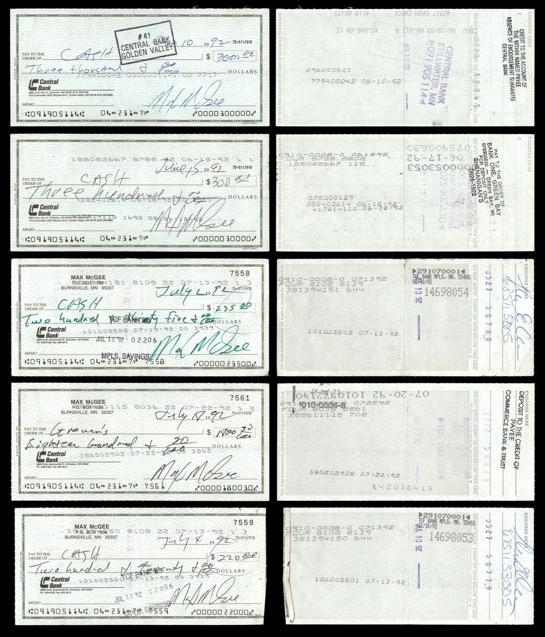Max McGee Autographed 2.75x6 Check Green Bay Packers Lot of 50 SKU #174046