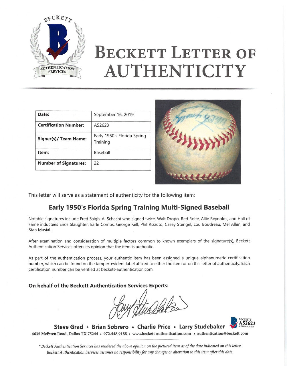 1950 Spring Training Autographed Official NL Baseball With 22 Total Signatures Including Stan Musial & Casey Stengel Beckett BAS #A52623