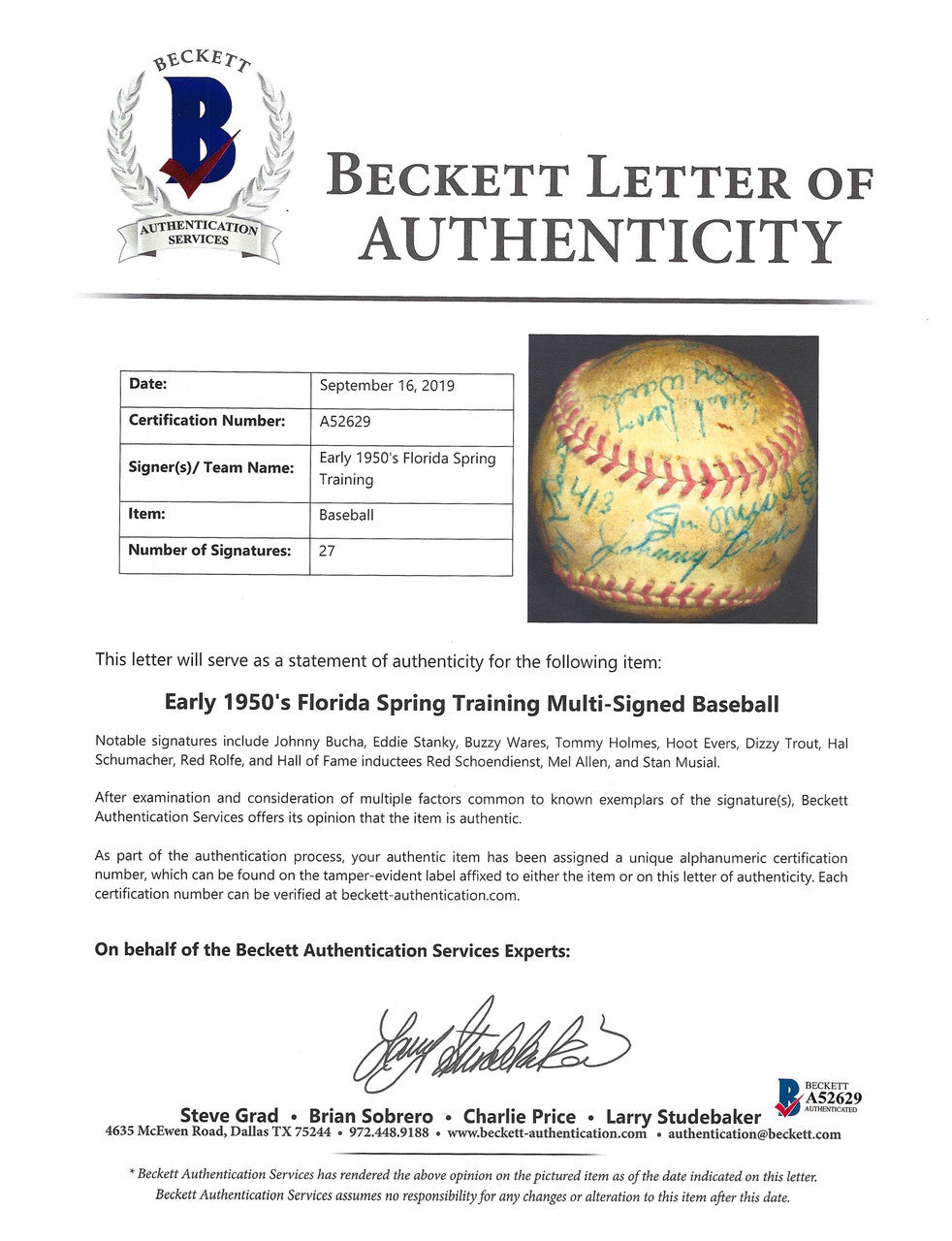 1950 Spring Training Autographed Official Baseball With 27 Total Signatures Including Stan Musial & Mel Allen Beckett BAS #A52629