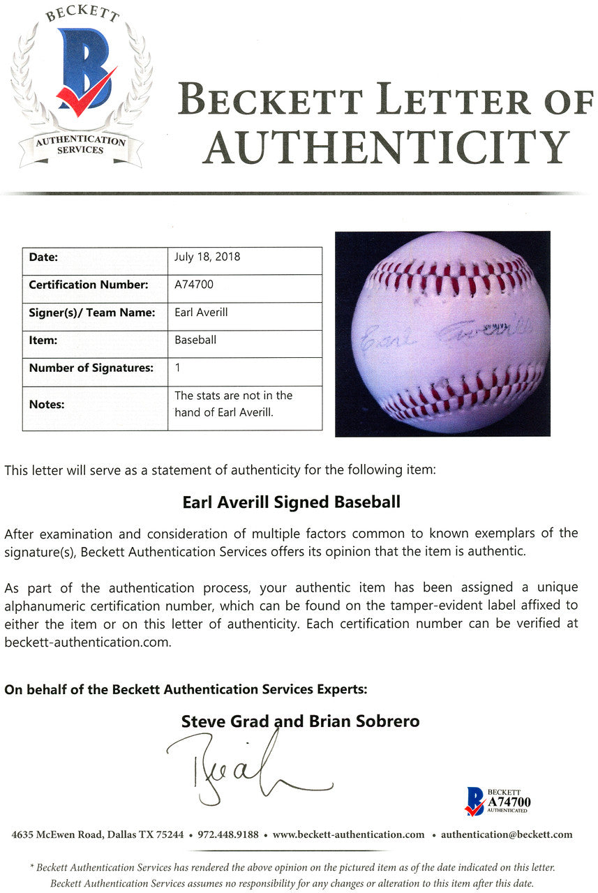 Earl Averill Autographed Seattle Mariners Logo Baseball Cleveland Indians Beckett BAS #A74700
