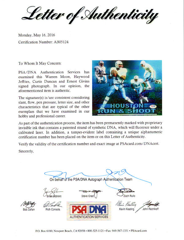 Houston Oilers Run & Shoot Autographed 8x10 Photo "HOF 06" With 4 Signatures Including Warren Moon PSA/DNA Stock #105448
