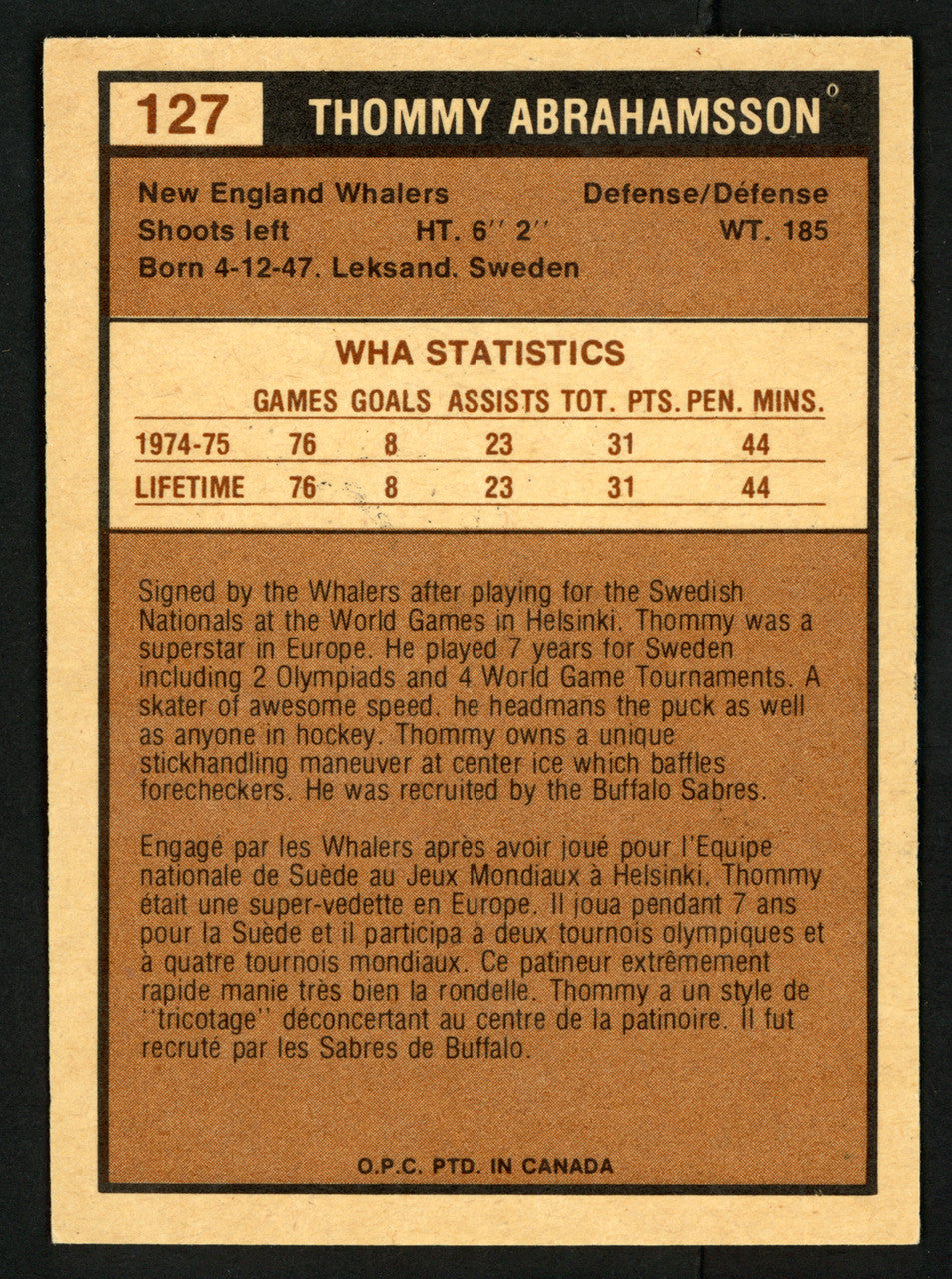 Thommy Abrahamsson Autographed 1975-76 WHA O-Pee-Chee Card #127 New England Whalers SKU #151329