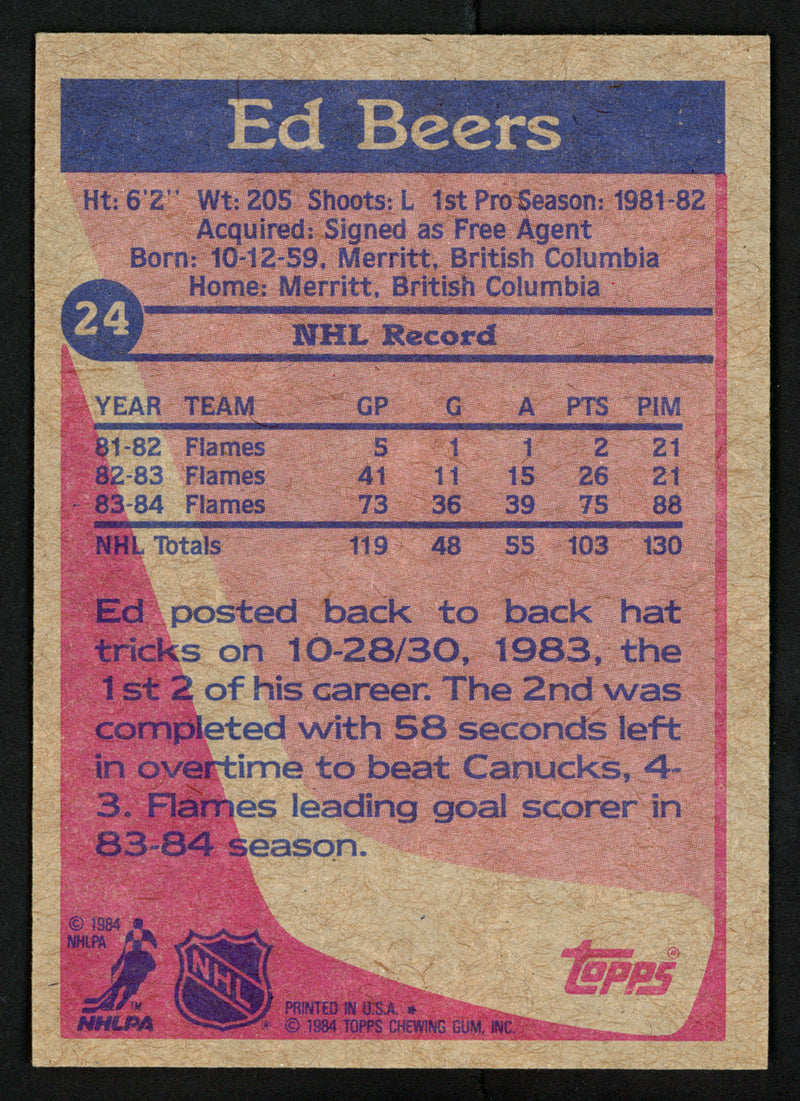 Ed Beers Autographed 1984-85 Topps Card #24 Calgary Flames SKU #152050