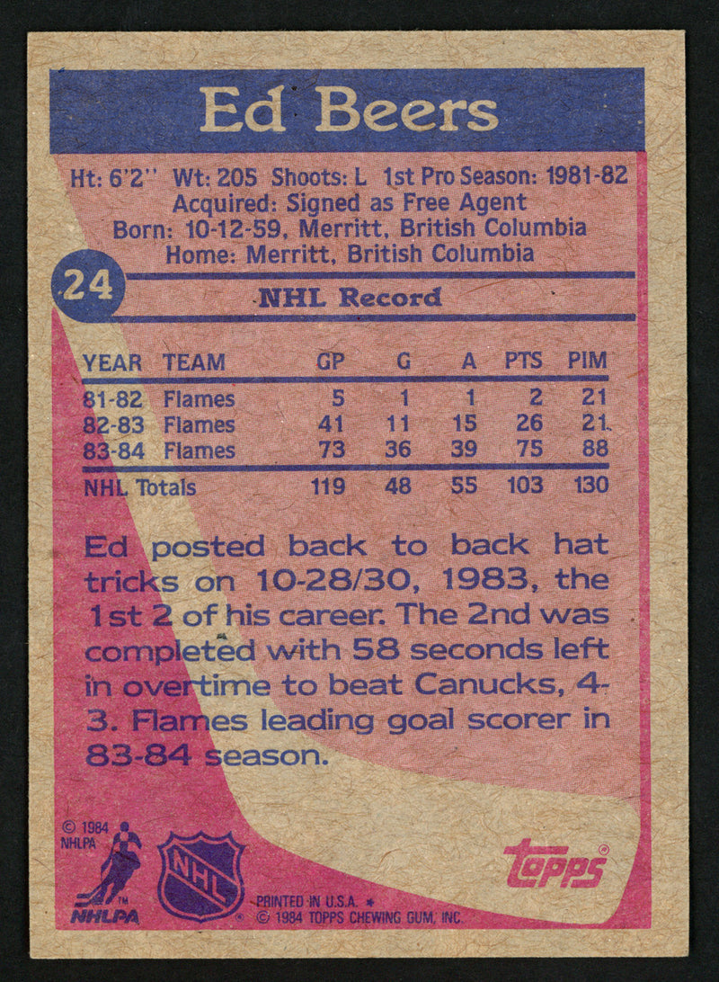 Ed Beers Autographed 1984-85 Topps Card #24 Calgary Flames SKU #152051