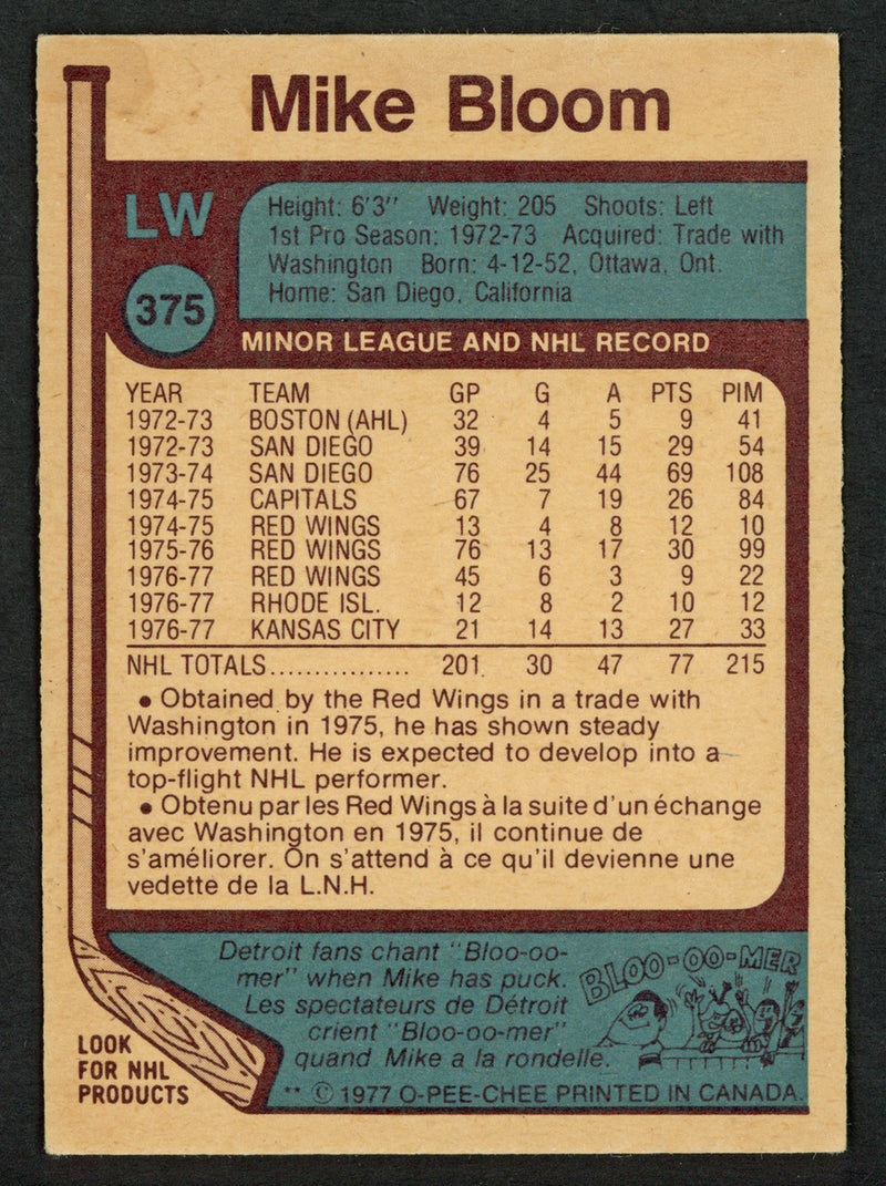 Mike Bloom Autographed 1977-78 O-Pee-Chee Card #375 Detroit Red Wings "To John Best Wishes" SKU #153383